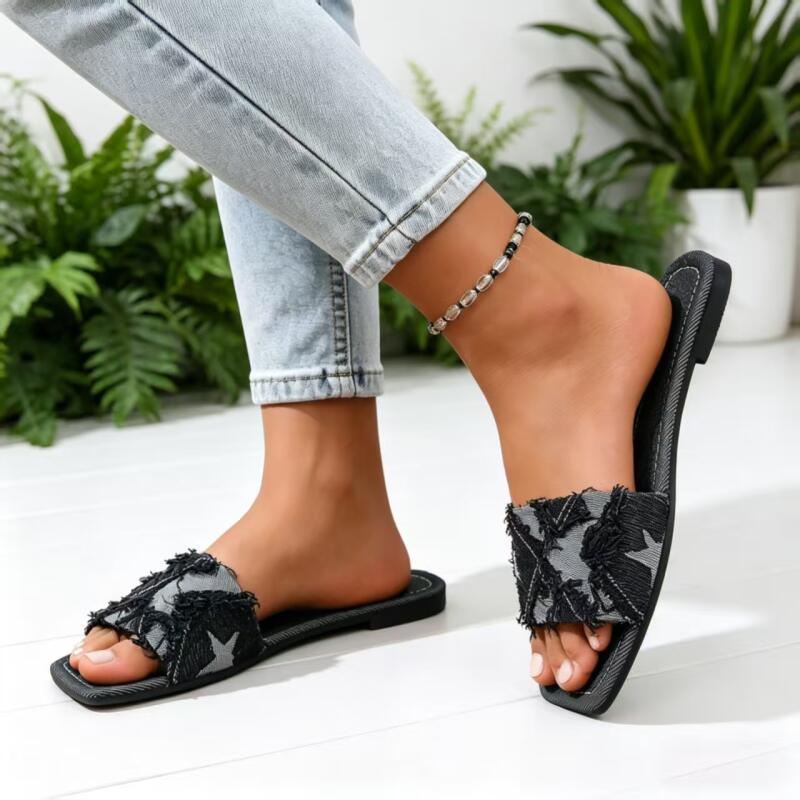 Y2K Denim Strap Flat Heel Sand - đánh giá và giá Sewing Custom